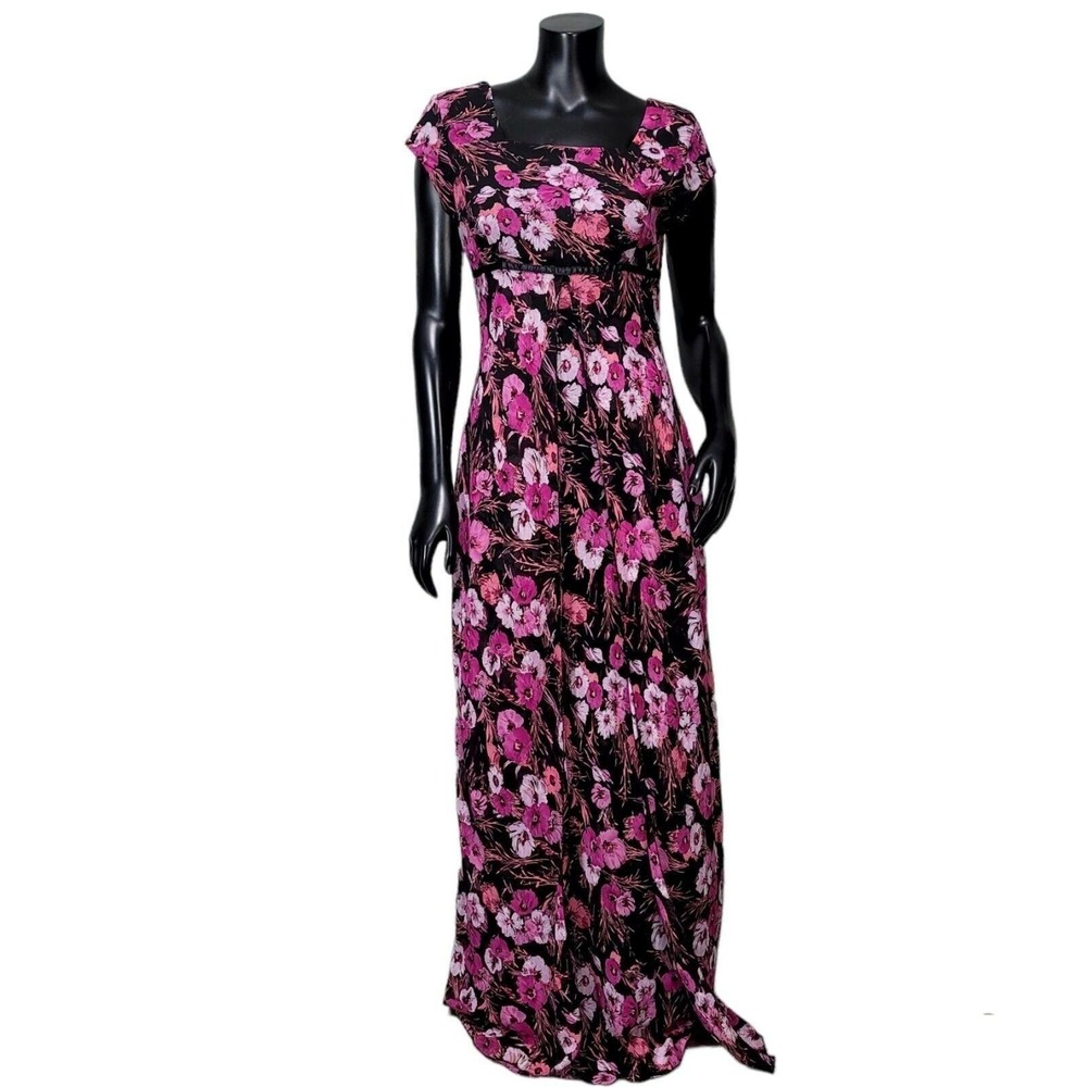 90s Y2K Jody California Vintage Pink Floral Empire Waist Maxi Dress Square Neck